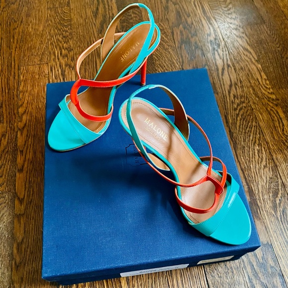 Malone Souliers Ronnie 100 Clementine Aqua Kid Leather Strappy Heels 38 EU/8 US